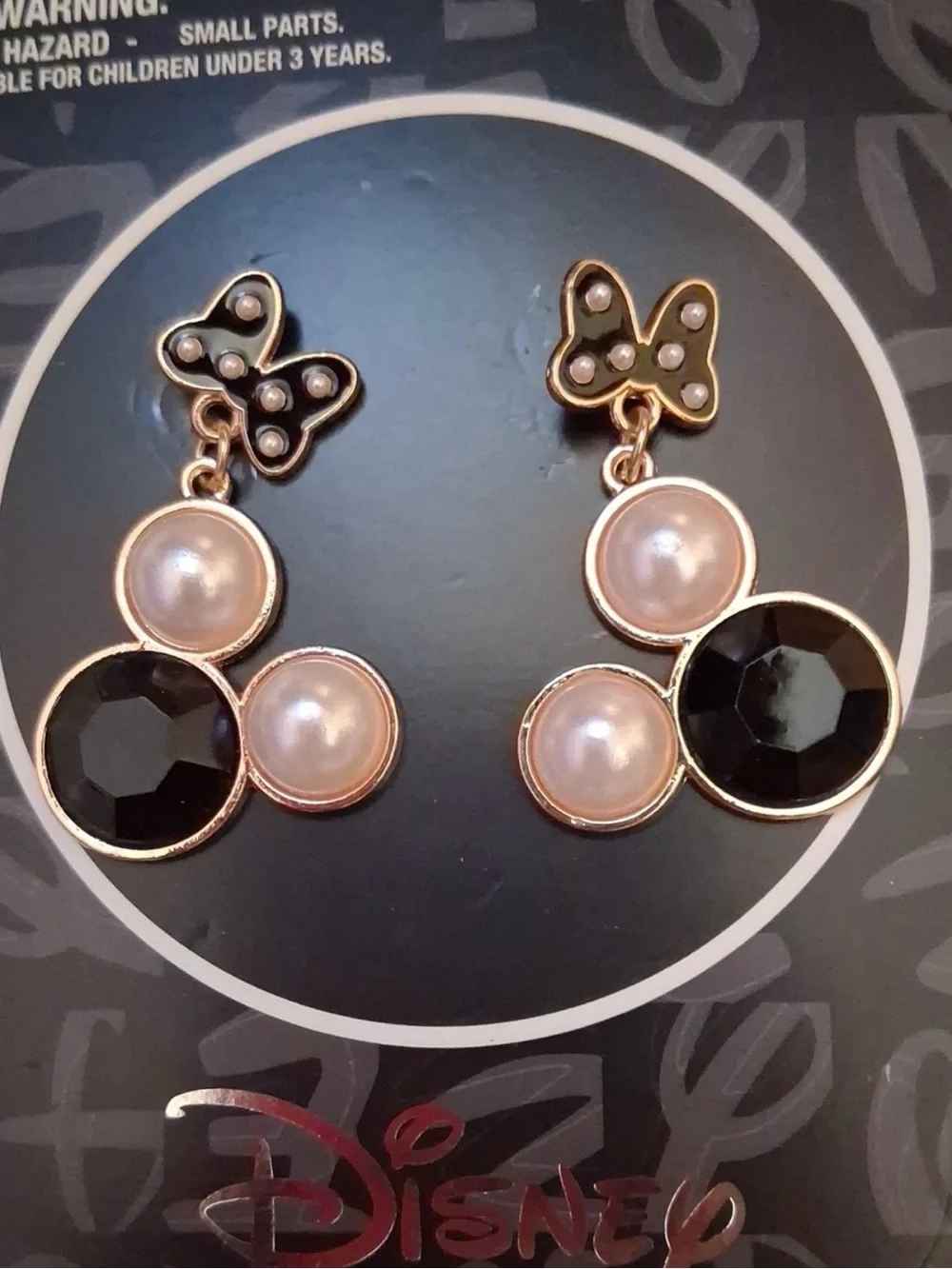 Disney Gold Tone Black and Pearl Drop Earrings